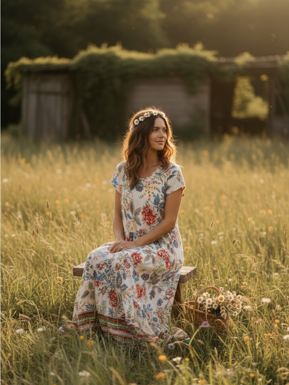 Soft Surroundings Tiered Maxi Dress Cream Floral Print Boho Cottagecore Large - Picture 2 of 7